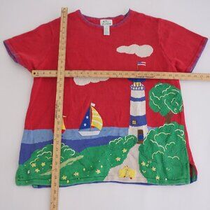 Vintage Quacker Factory Red Knit Nautical Lighthouse Cotton Crew Sweater 1X